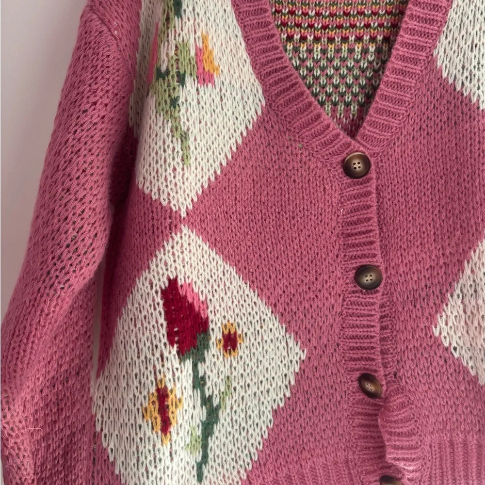 Pink Floral Knit Cardigan Sweater - Picture 4 of 6